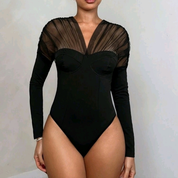 Women's Contrast Mesh Ruffle Long Sleeve Bodysuit - Picture 1 of 4